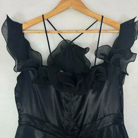 ZARA 80s Cocktail Flared Satin Effect Black Ruffled Halter Jumpsuit Size L - Picture 6 of 9